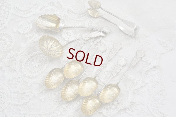 画像10: アンティークシルバー、アンティーク銀器、純銀製(925) パーシャルギルト シェル型ボウル スプーン、シュガートング、シフター、ティーキャディースプーンセット