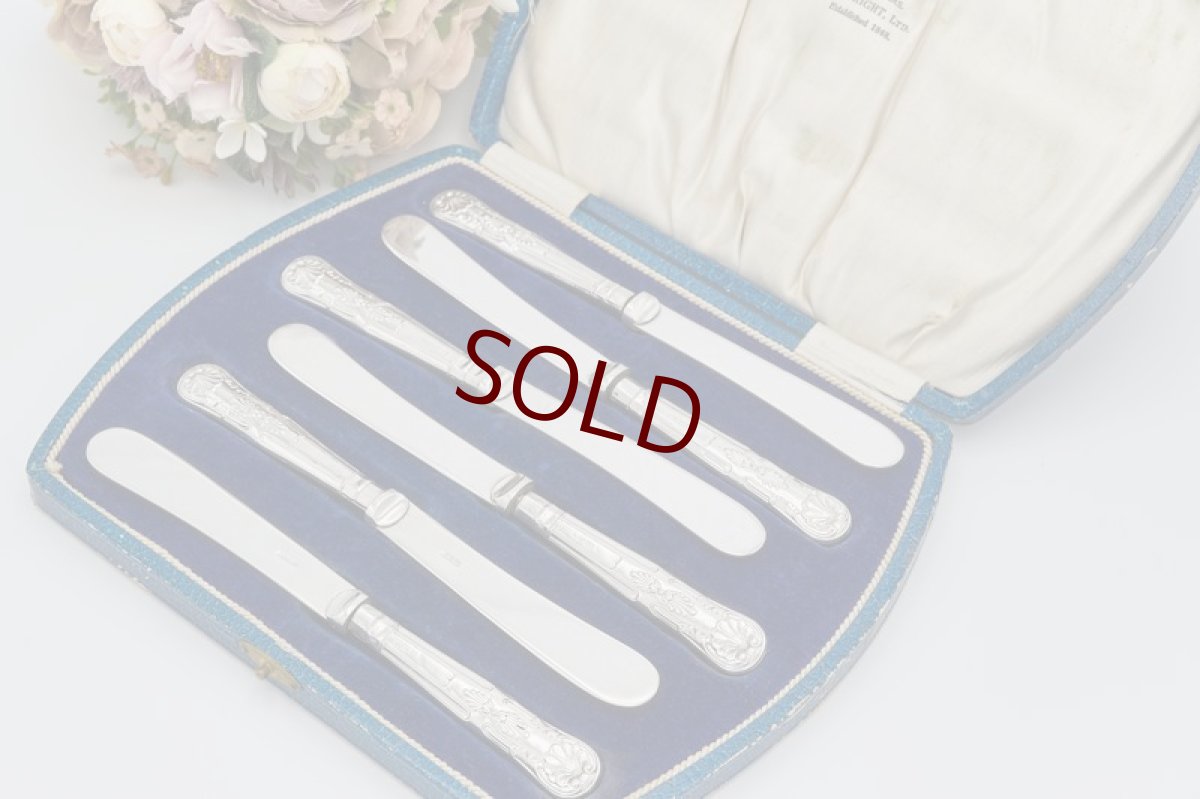 画像1: アンティークシルバー、アンティーク銀器、1930年 純銀製(925) キングスパターンハンドル、シルバープレートブレード ティーナイフ　6本セット (1)