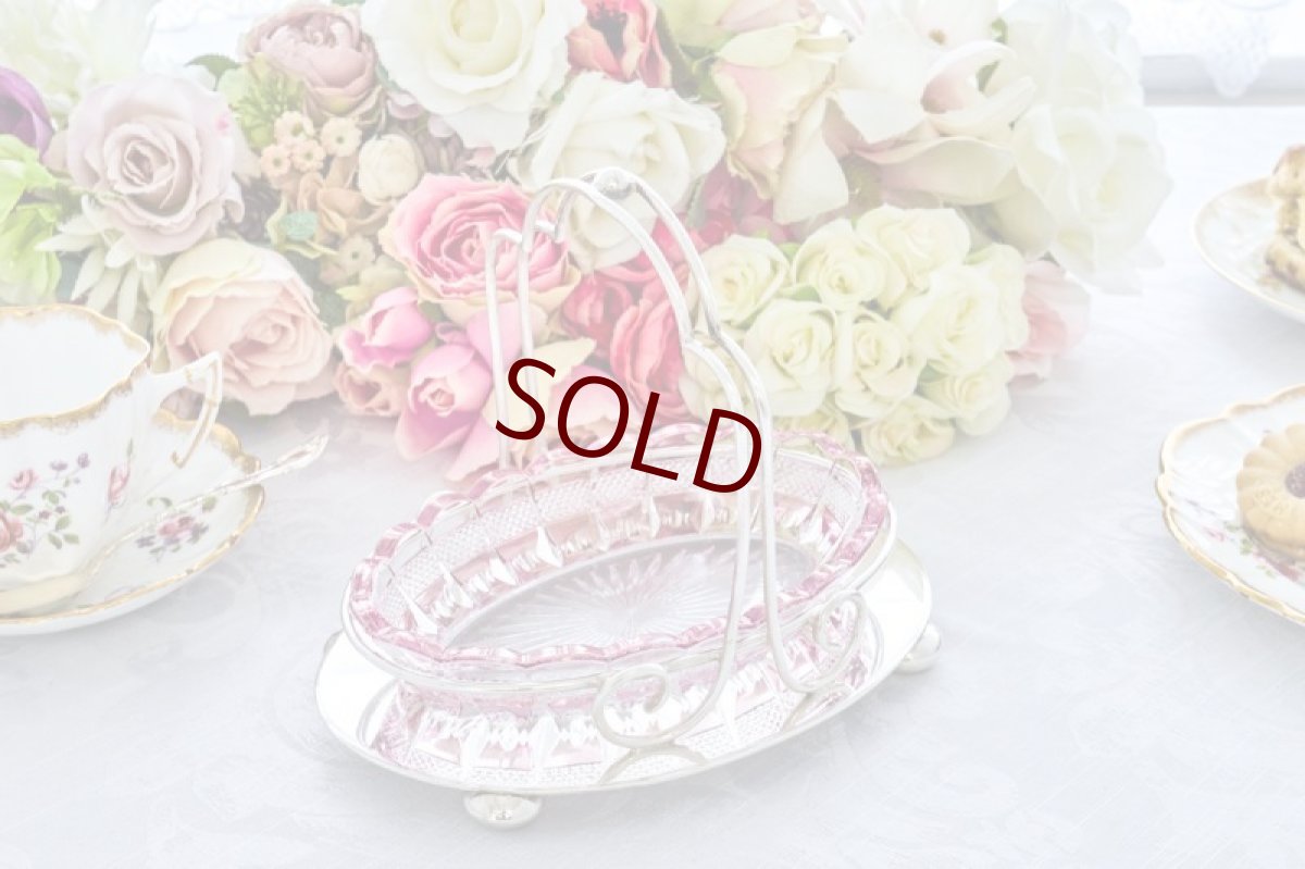 画像1: アンティークシルバー、アンティーク銀器、シルバープレート製 　ヴィクトリア時代後期　美しいピンク ペインテッド カットグラス　ジャムディッシュ (1)