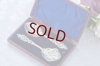 アンティークシルバー、アンティーク銀器、純銀製(925)1900年葉模様の透かし細工、ハンドルの装飾が美しいフルーツ/ベリースプーンセット　