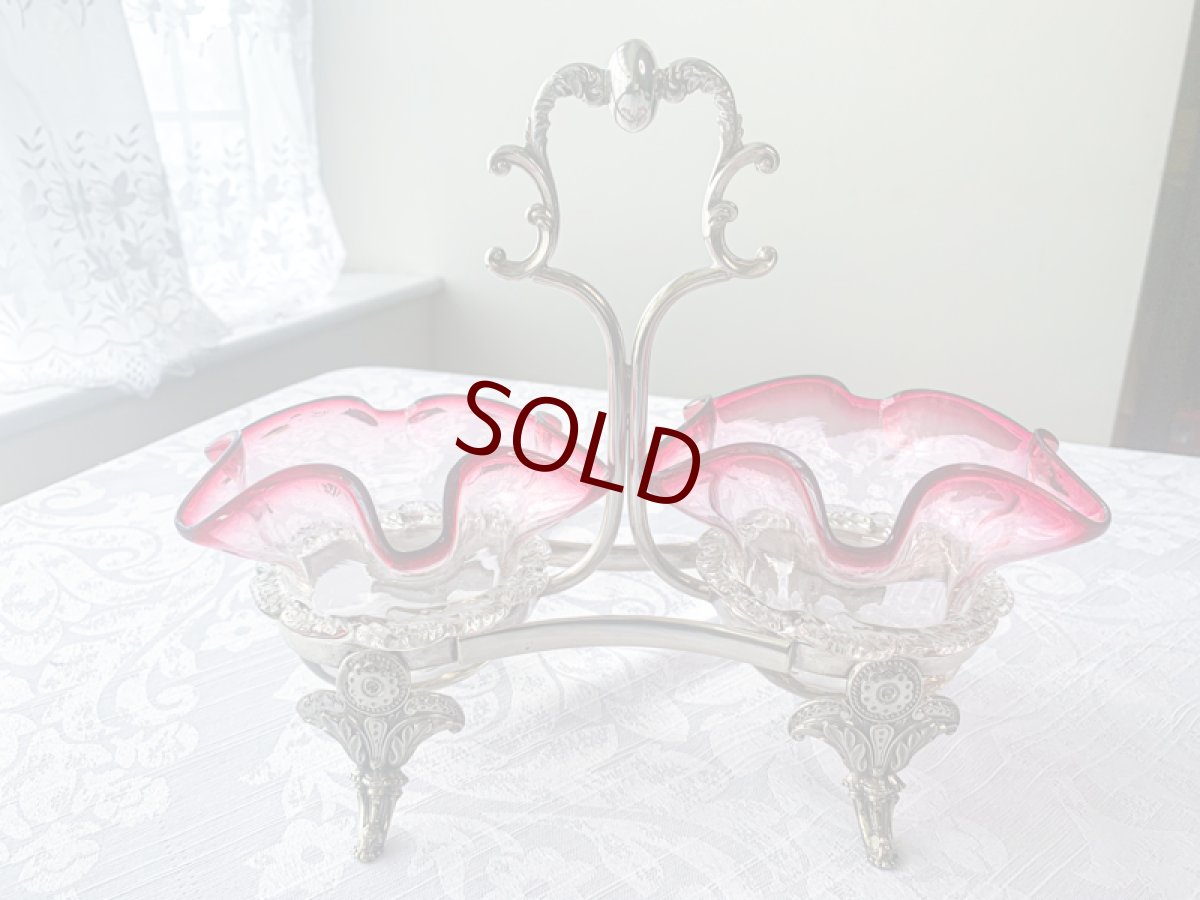 画像6: アンティークシルバー、アンティーク銀器、シルバープレート　花びらのような美しいグラデーションクランベリーグラス　ダブルジャムディッシュ (6)