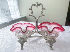 画像6: アンティークシルバー、アンティーク銀器、シルバープレート　花びらのような美しいグラデーションクランベリーグラス　ダブルジャムディッシュ (6)