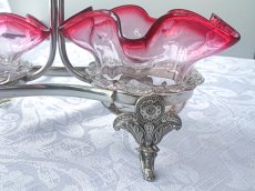 画像7: アンティークシルバー、アンティーク銀器、シルバープレート　花びらのような美しいグラデーションクランベリーグラス　ダブルジャムディッシュ (7)