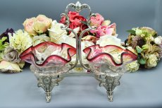 画像1: アンティークシルバー、アンティーク銀器、シルバープレート　花びらのような美しいグラデーションクランベリーグラス　ダブルジャムディッシュ (1)