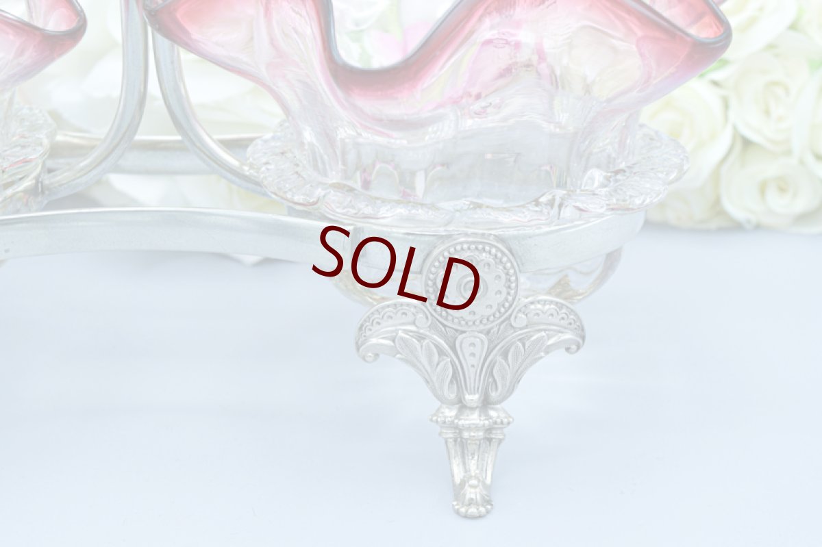 画像3: アンティークシルバー、アンティーク銀器、シルバープレート　花びらのような美しいグラデーションクランベリーグラス　ダブルジャムディッシュ (3)