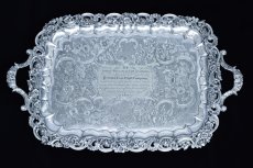 画像1: アンティークシルバー、アンティーク銀器、純銀製(925) 1830年 リージェンシー 希少特級  美彫刻 透かし細工　中型トレイ (1)