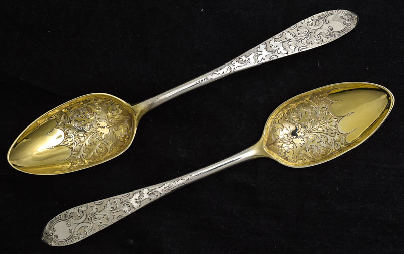 純銀製（925）1794年 金鍍金ボウル ハンドチェイシング デザートサービングスプーンセット
