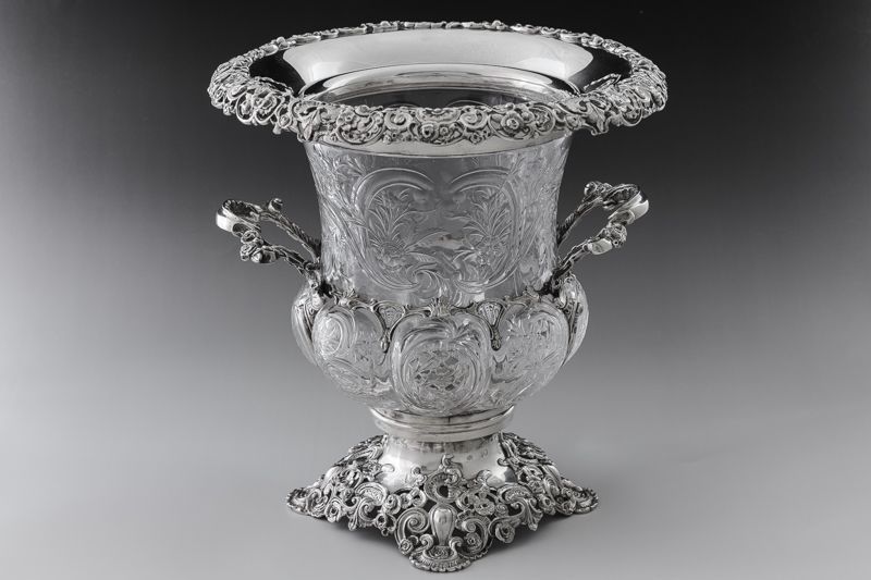 画像1: 純銀製（925）1901年 特級 ウェッブスタイル インタリオ エングレービング クリスタルグラス シャンパン クーラー 