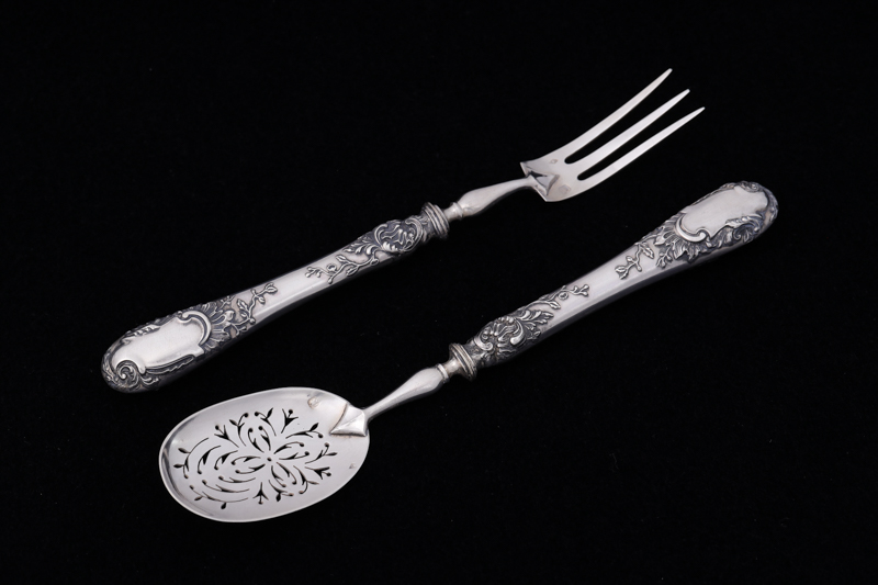 アンティークシルバー、フランス製 ロココスタイル 純銀(950) サービングカトラリー4点セット