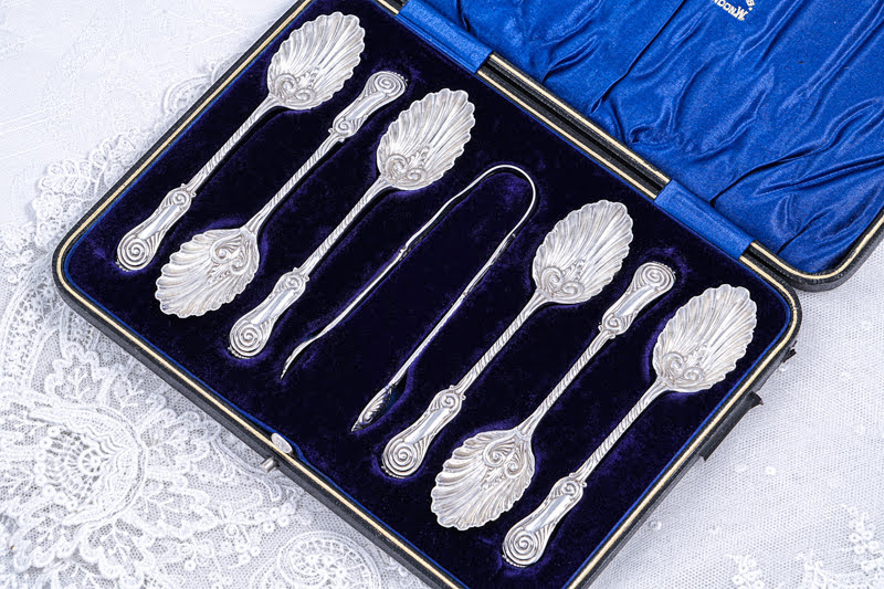 画像1: アンティークシルバー、アンティーク銀器、純銀製（925）1906年　超美品 マッピン＆ウェッブ シェル型　ティースプーン6本＆シュガートング セット