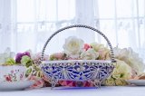 画像: アンティークシルバー、アンティーク銀器、ヴィクトリアン 特級 バタフライとお花の透かし細工 ブルーグラス バスケット