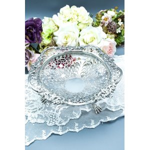 画像: アンティークシルバー、アンティーク銀器　純銀製（925）1907年　特級　薔薇とお花の装飾 繊細なスクロール透かし細工が見事なフルーツ/ブレッドバスケット