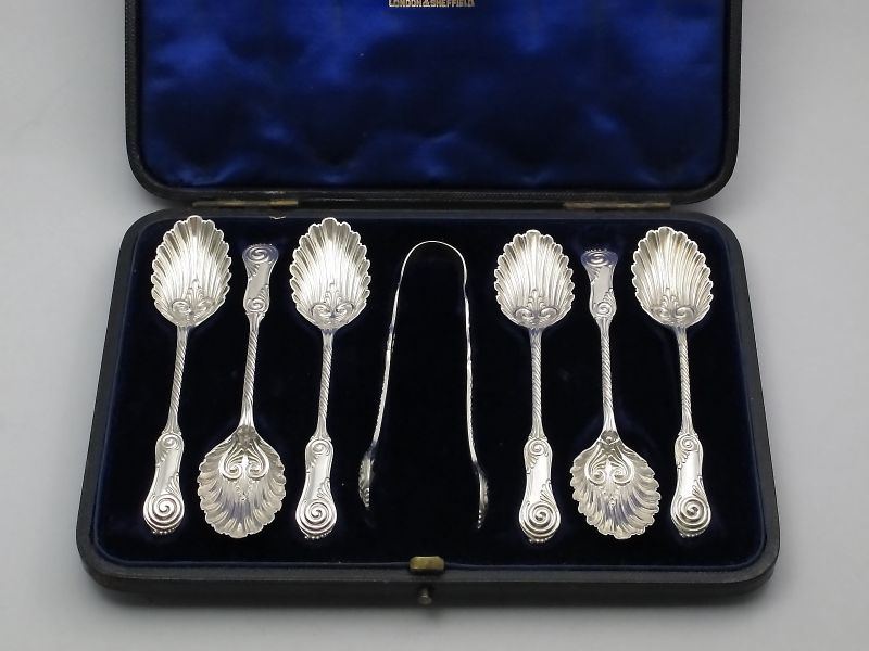 画像: 美麗 純銀 マッピン＆ウェッブ Mappin & Webb シェル型スプーン＆トングセット