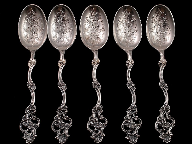 ヴィンテージ 純銀製 お花とスクロール、透かし細工のティースプーン5