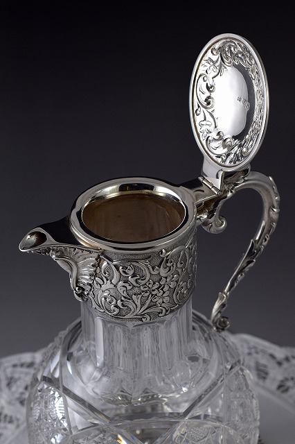 画像: 純銀製（925）1908年　ハンドカットクリスタルグラス  美彫刻　クラレットジャグ